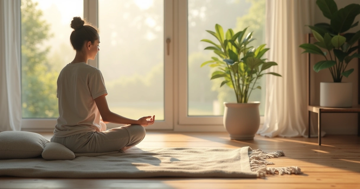 Persona sentada meditando junto a una ventana iluminada 