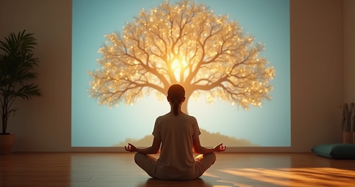 Persona meditando frente a un árbol genealógico luminoso 
