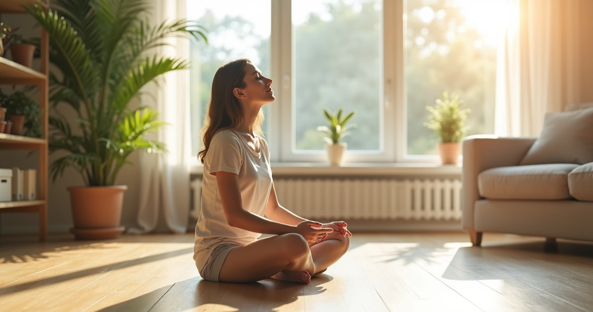 Persona sentada meditando en sala iluminada, postura tranquila y ojos cerrados