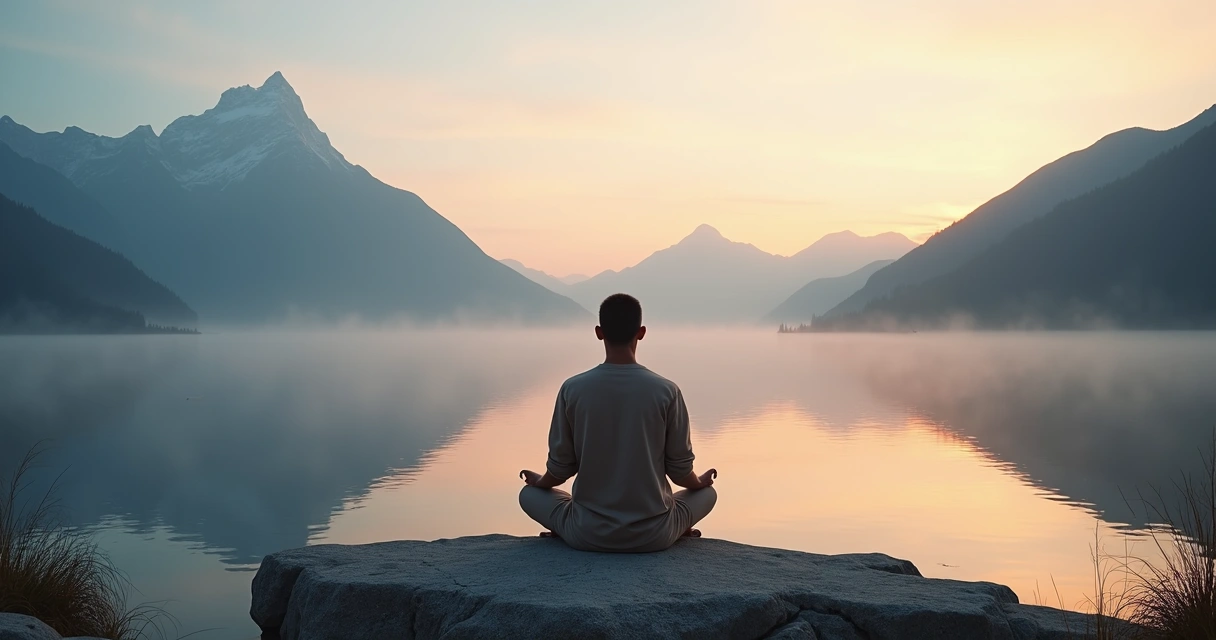 Persona meditando en silencio frente a montañas al amanecer 