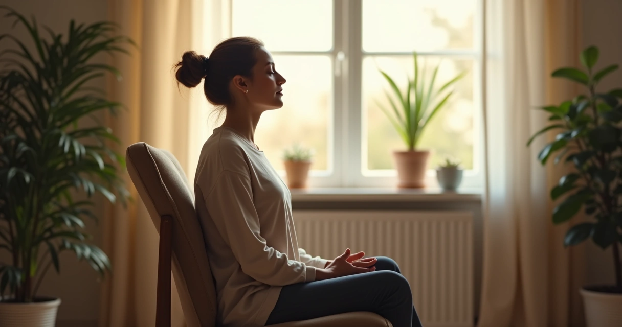 Persona sentada en una silla en una sala tranquila, respirando profundamente 