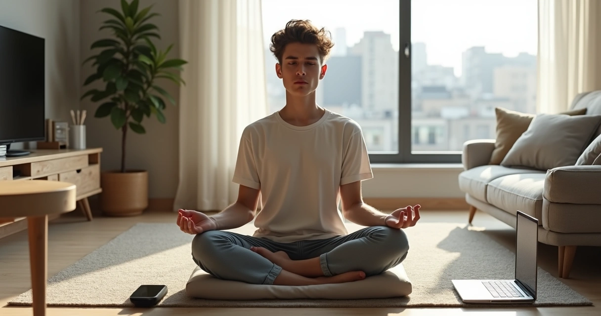 Persona meditando sola en casa con distracciones y postura incorrecta 