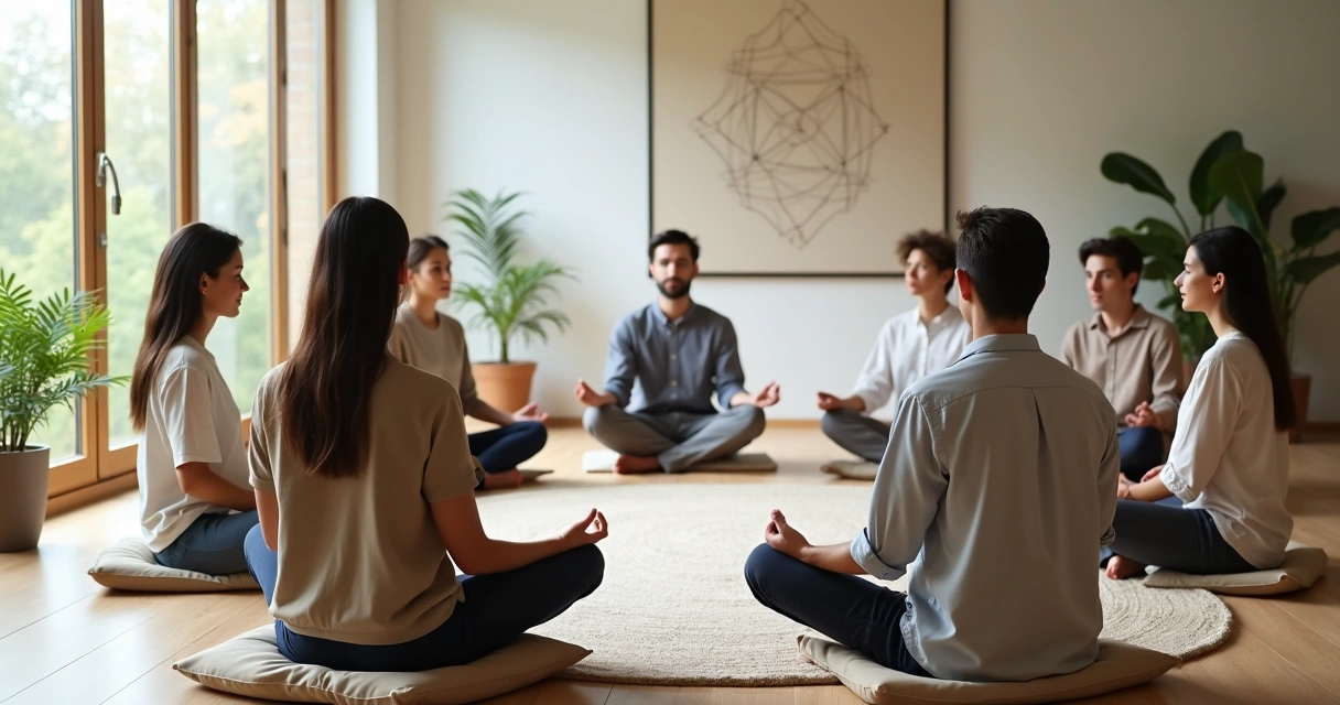 Personas sentadas en círculo practicando meditación sistémica en un espacio luminoso 