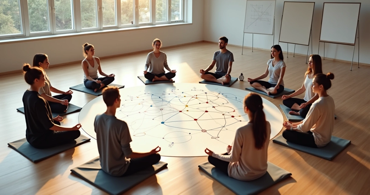 Grupo meditando en círculo con una persona desalineada en el centro 