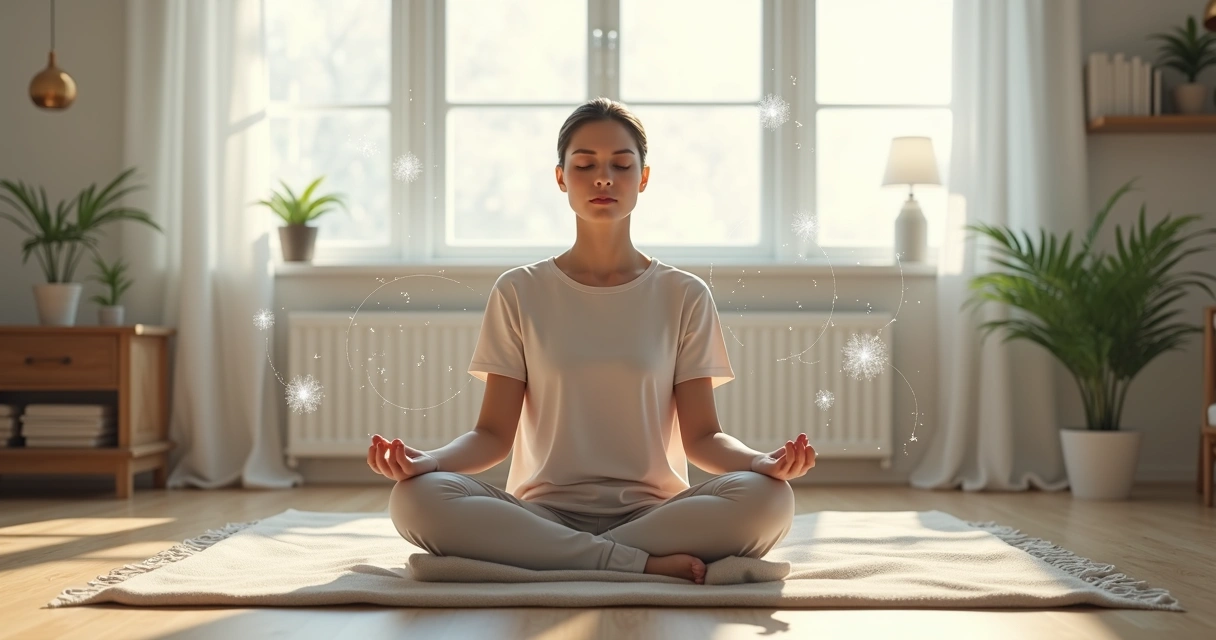 Persona meditando en salón con conexiones sistémicas alrededor 