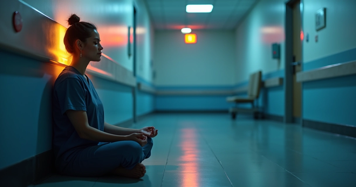 Persona meditando en pasillo de hospital con luz cálida sobre su rostro 
