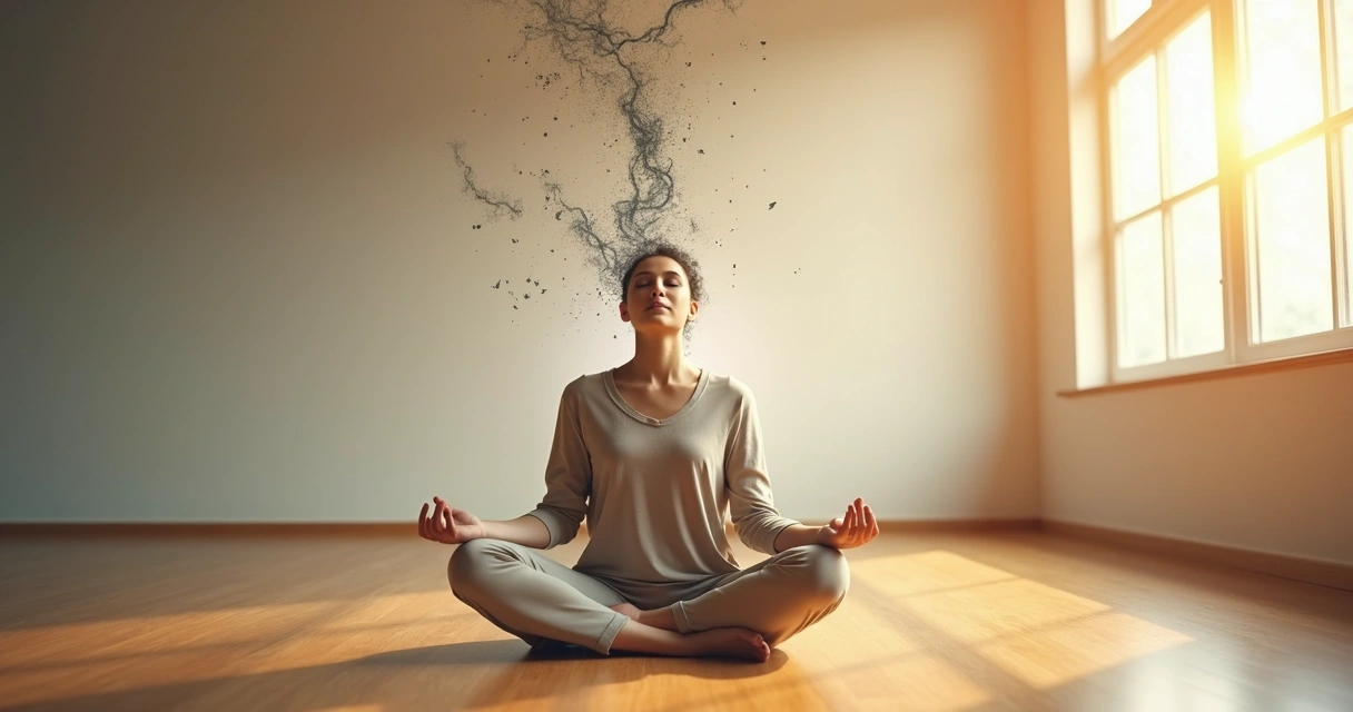 Persona meditando en calma mientras deja atrás patrones mentales oscuros 