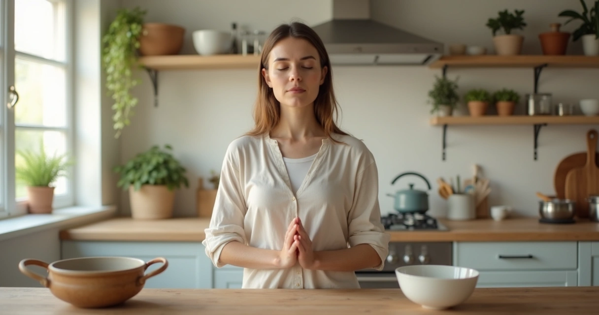 Mujer meditando mientras realiza una tarea cotidiana 