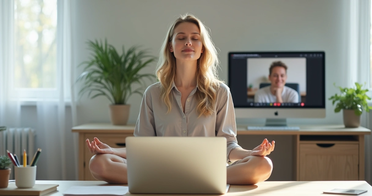 Persona haciendo meditación frente a una computadora portátil en un escritorio moderno 