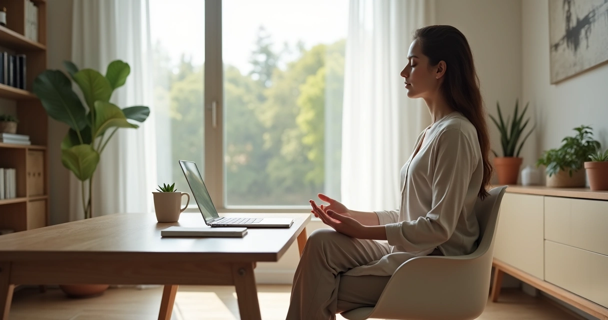 Persona meditando en su escritorio de teletrabajo con ordenador portátil abierto 