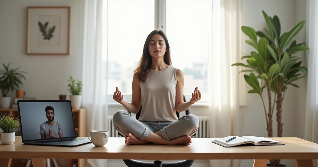 Persona meditando en postura de loto frente a laptop en escritorio de trabajo remoto 