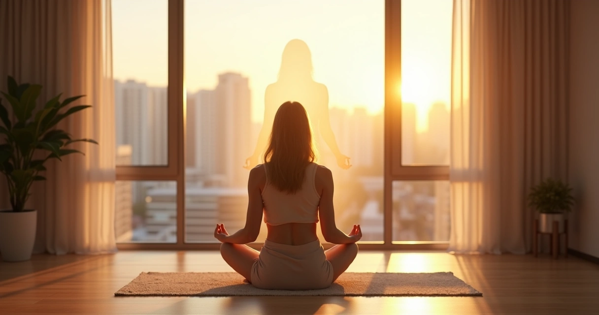 Persona sentada meditando frente a una ventana viendo su silueta luminosa frente a ella 