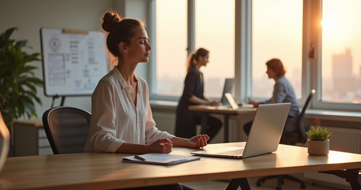 Persona trabajando con ordenador y meditando en una oficina luminosa 