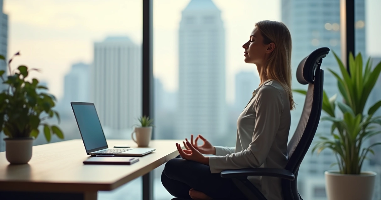 Persona meditando en su escritorio de oficina con ambiente tranquilo y ordenado 