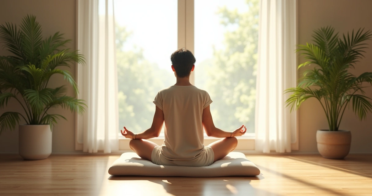 Persona sentada en meditación, tranquila, con luz natural suave.
