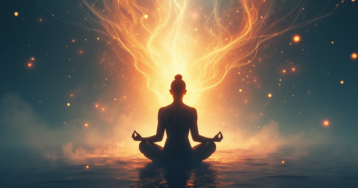 Representación conceptual de transformación emocional y alineación interna durante una meditación