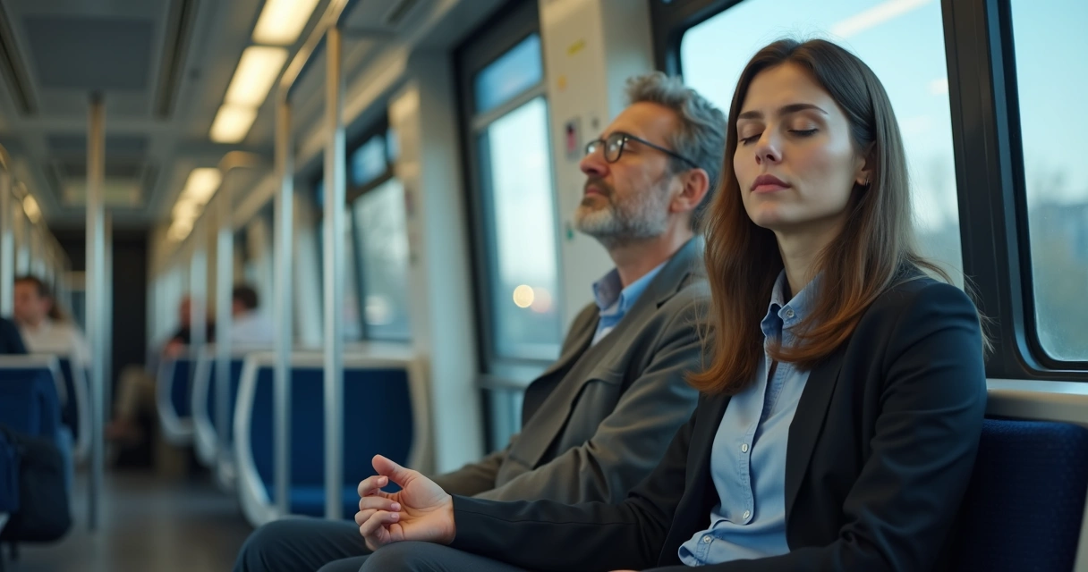 Persona practicando pausa consciente en transporte urbano