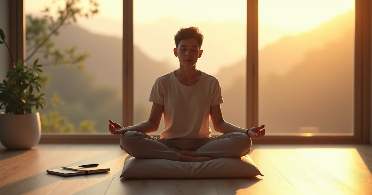 Persona meditando en un entorno sereno con representación suave de recuerdos traumáticos disolviéndose 