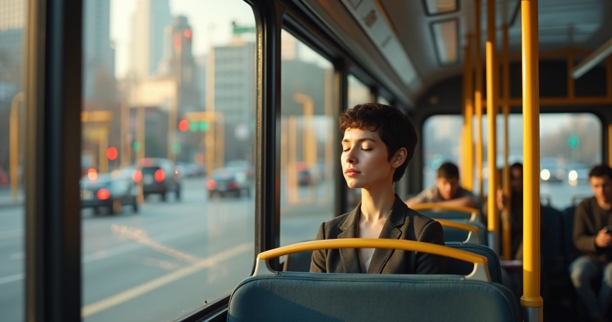 Persona meditando sentada en un autobús durante un trayecto urbano 