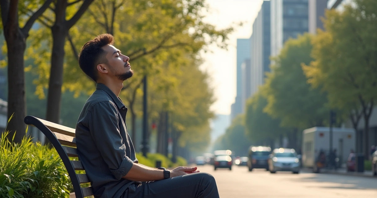 Persona sentada meditando en banco de ciudad moderna 