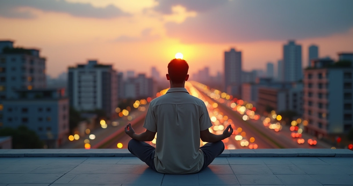 Persona meditando en silencio sobre un edificio con la ciudad al fondo 