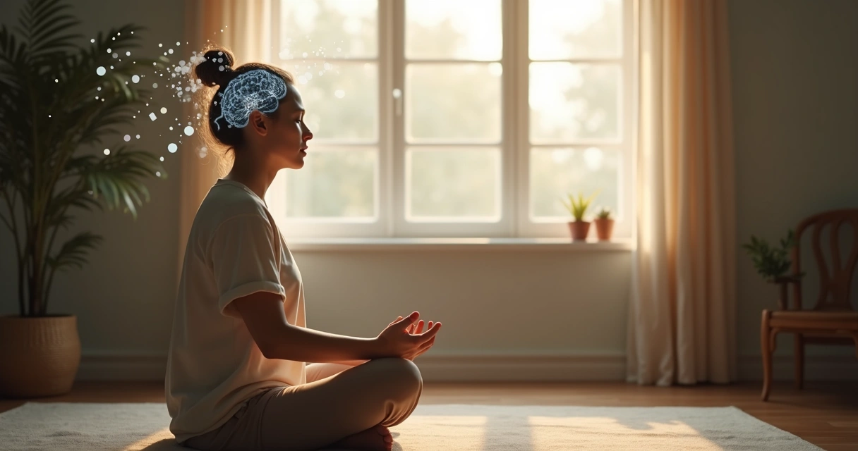 Persona meditando con visualización sutil de actividad neuronal