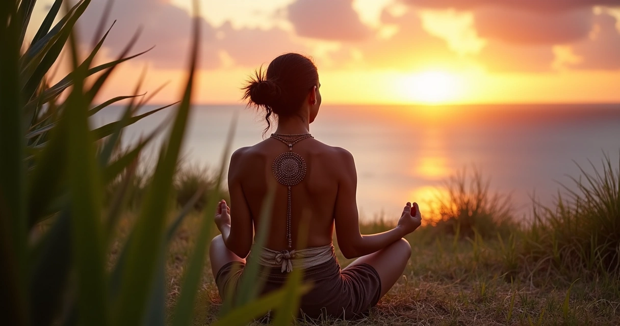 Práctica de meditación en las Marquesas al atardecer 