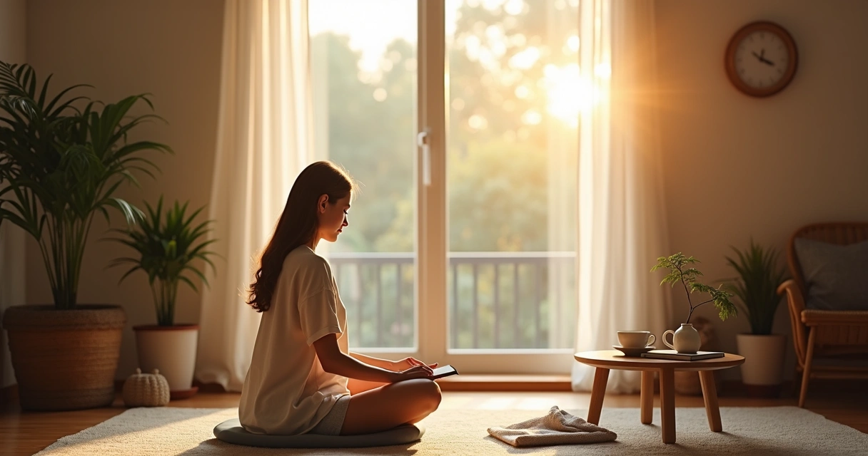Persona escribiendo en un cuaderno después de meditar en casa 