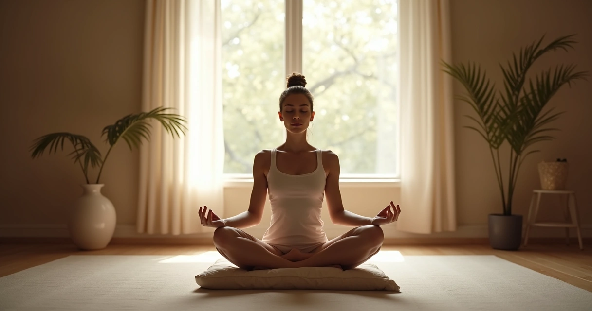 Persona sentada en posición de meditación en una habitación silenciosa, con luz suave entrando por la ventana. 