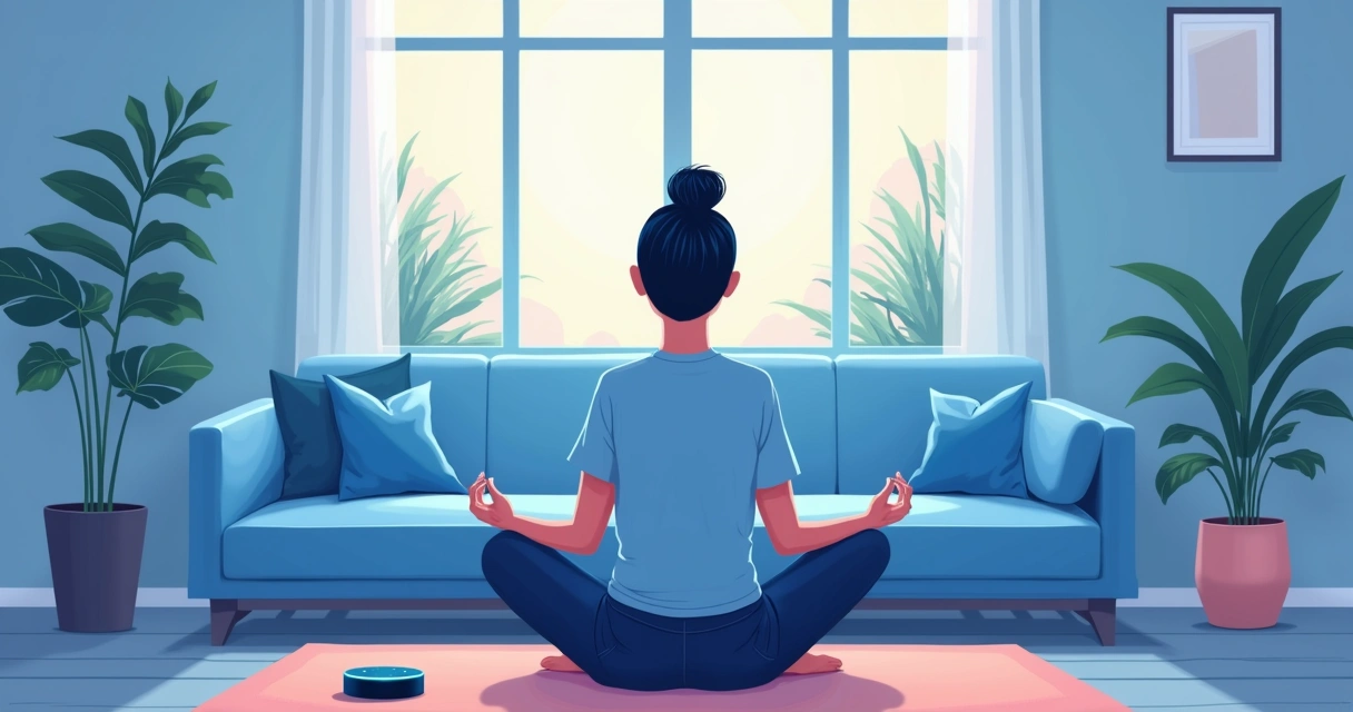Pessoa meditando em sala moderna com Echo Dot ao lado 