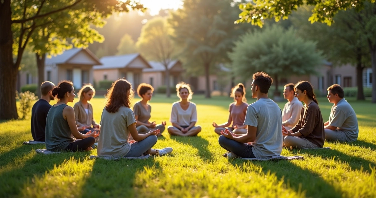Grupo meditando ao ar livre em comunidade