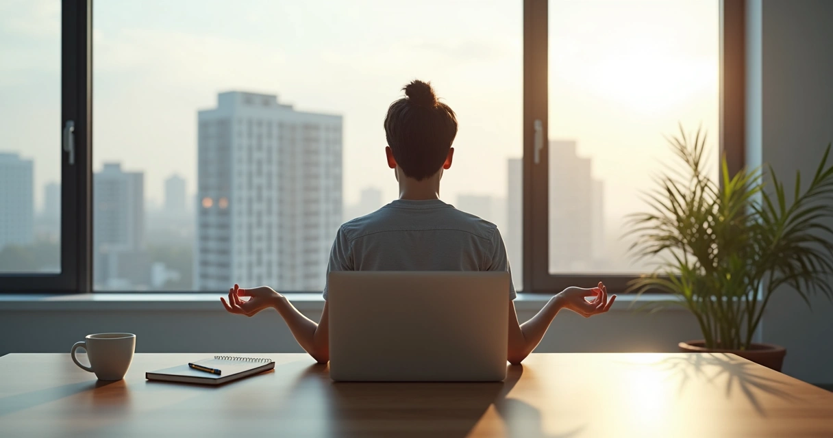 Pessoa meditando em uma mesa de escritório 