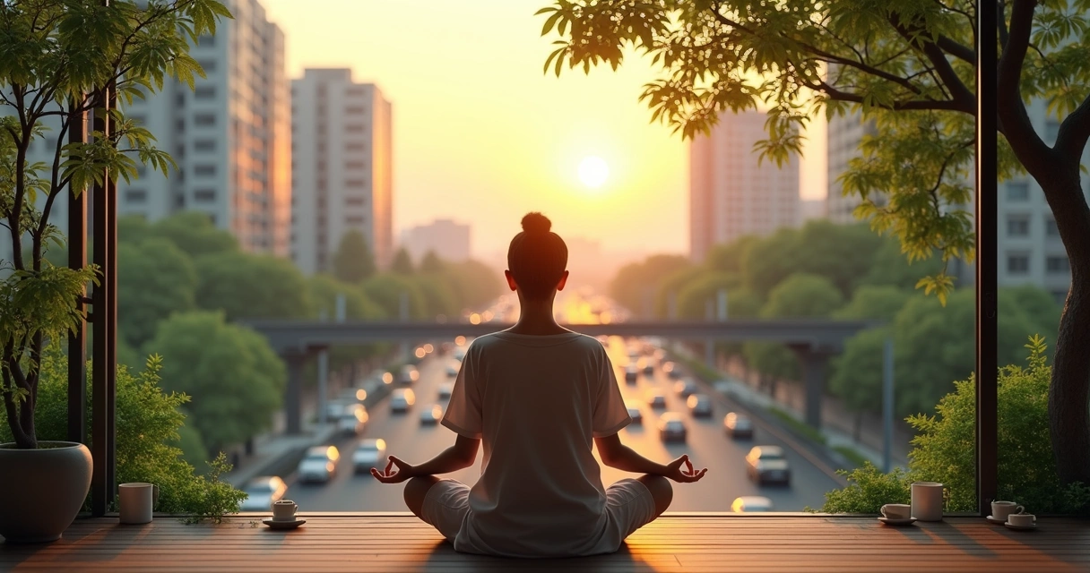 Pessoa meditando em varanda com natureza e sons urbanos ao fundo