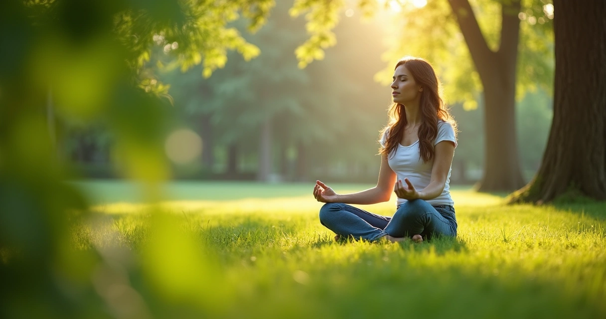Pessoa sentada em posição de meditação ao ar livre em meio à natureza 