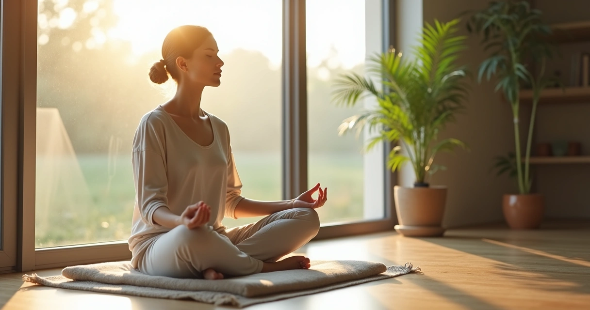 Woman meditating in silence by a window with soft morning light