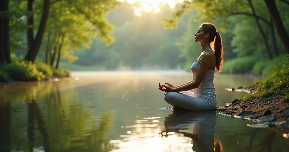 Woman meditating in nature reflected in water 