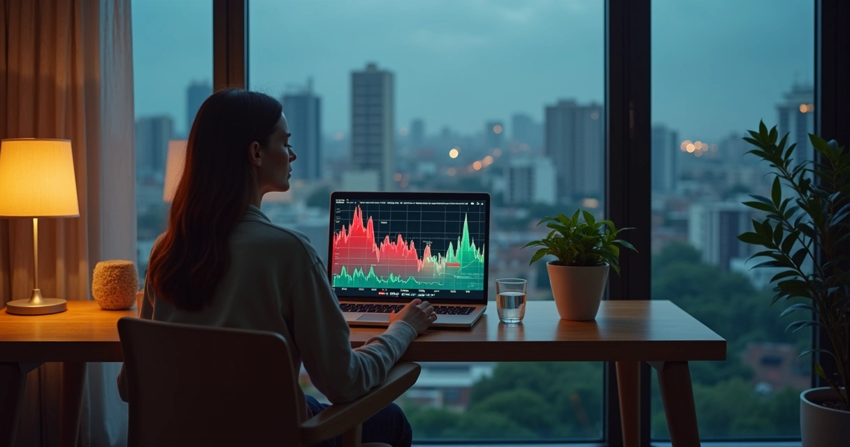 Person meditating calmly in front of fluctuating climate and financial graphs 