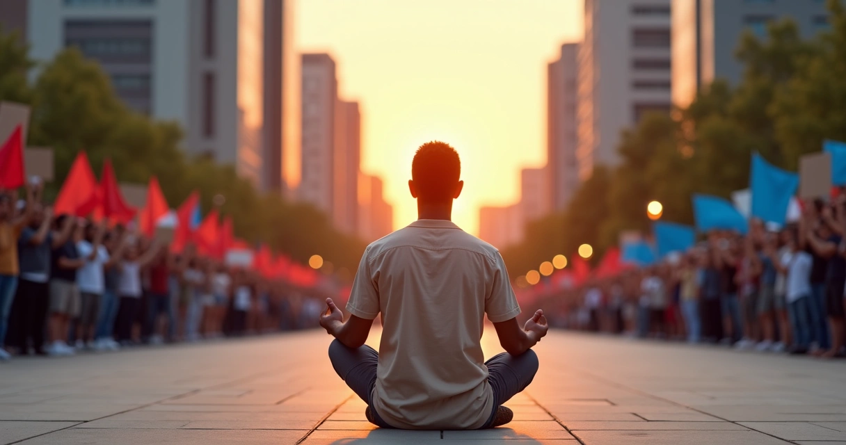 Person meditating calmly between two opposing crowds 