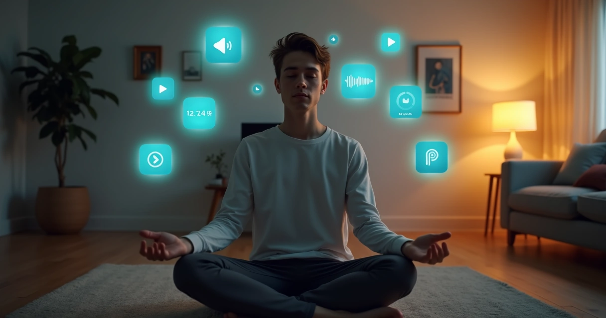 Person meditating calmly while surrounded by floating smartphone app icons 