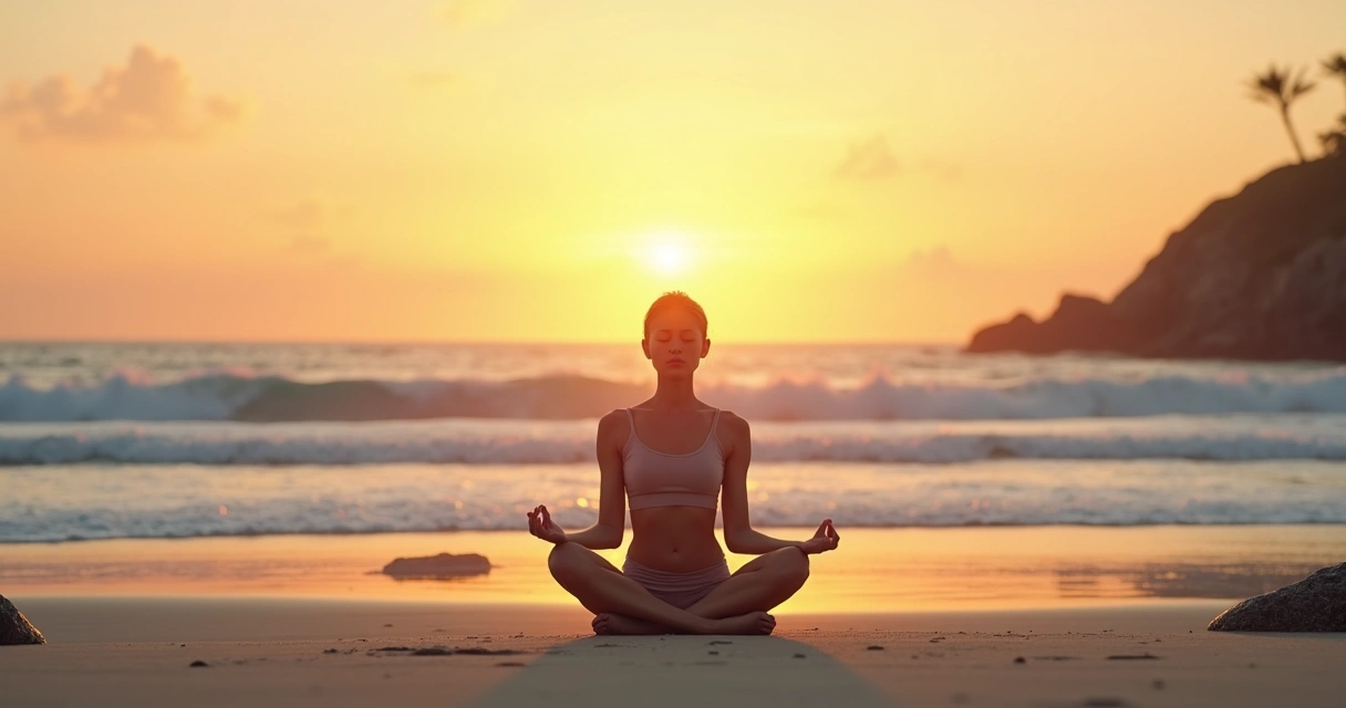 Person meditating on a quiet beach during sunset 