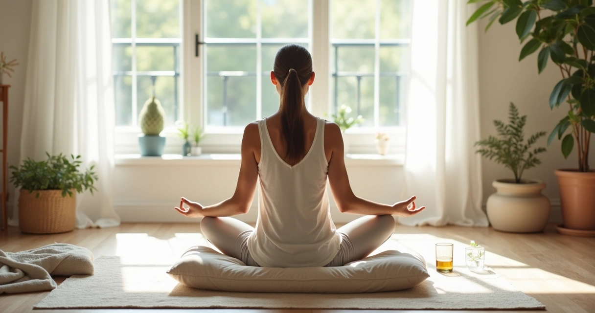 Woman meditating in a peaceful room, subtly adjusting her posture. 
