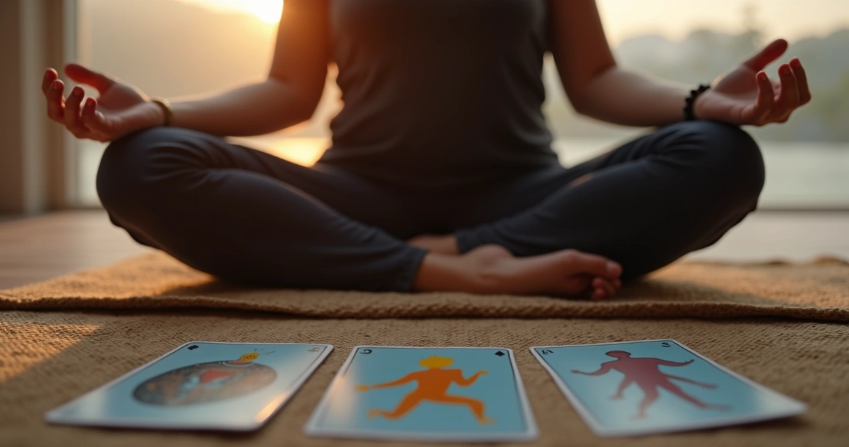Person meditating quietly in front of tarot cards 