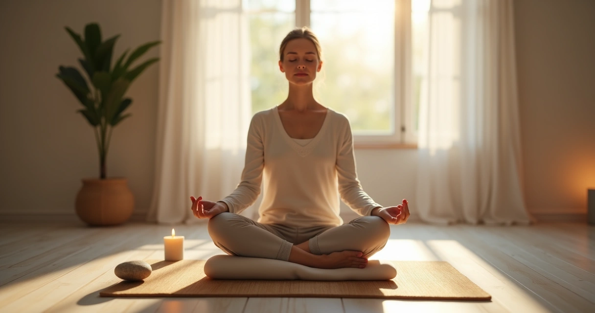 Person meditating calmly in a softly lit room with a cushion and a candle nearby 
