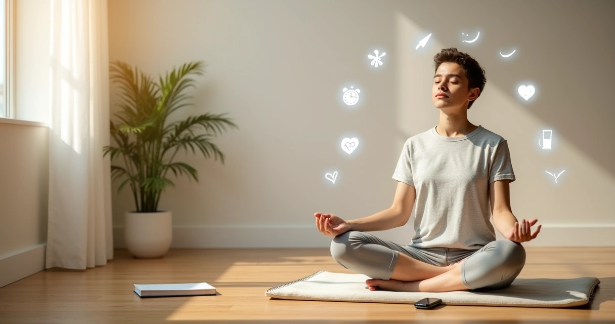 Person meditating with checklist items around them in a calm minimalist room 