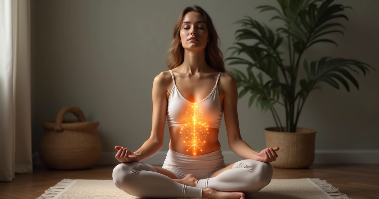 Person meditating indoors with eyes closed, focusing on body sensations