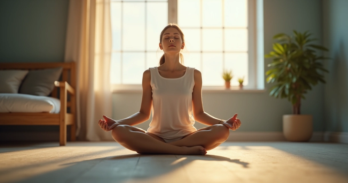 Person sitting in meditation, performing body scan in a calm room 