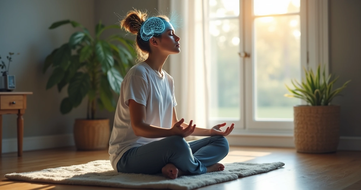 Person meditating with subtle brain activity overlay