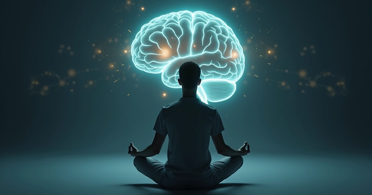 Person meditating with glowing brain imagery behind head 