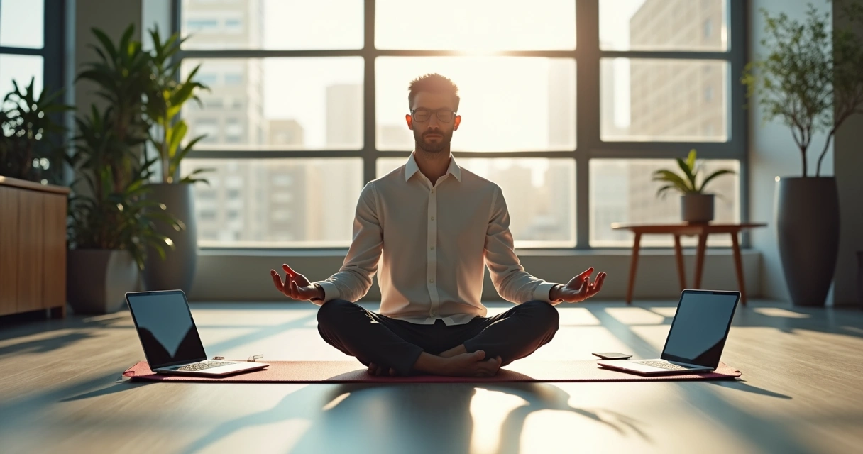 Man sitting quietly on a yoga mat in an office with laptops and phones put aside 