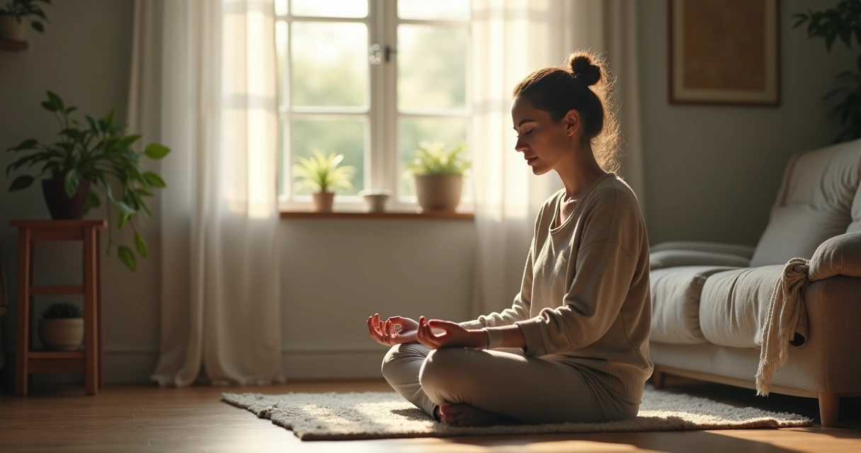 Person sitting quietly, looking thoughtful, with a meditation cushion nearby. 